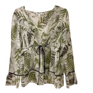 Lightweight Blouse, 55% Silk, 45% Cotton, White and Green Leaf Print, Sz 12